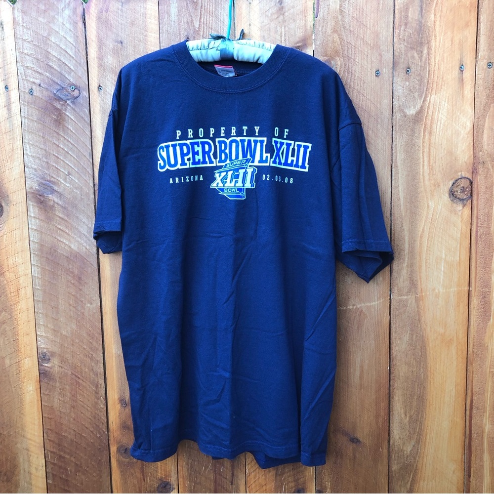 NFL Property of Super Bowl XLII Giants v Patriots Shirt - Navy Blue Preshrunk XL
